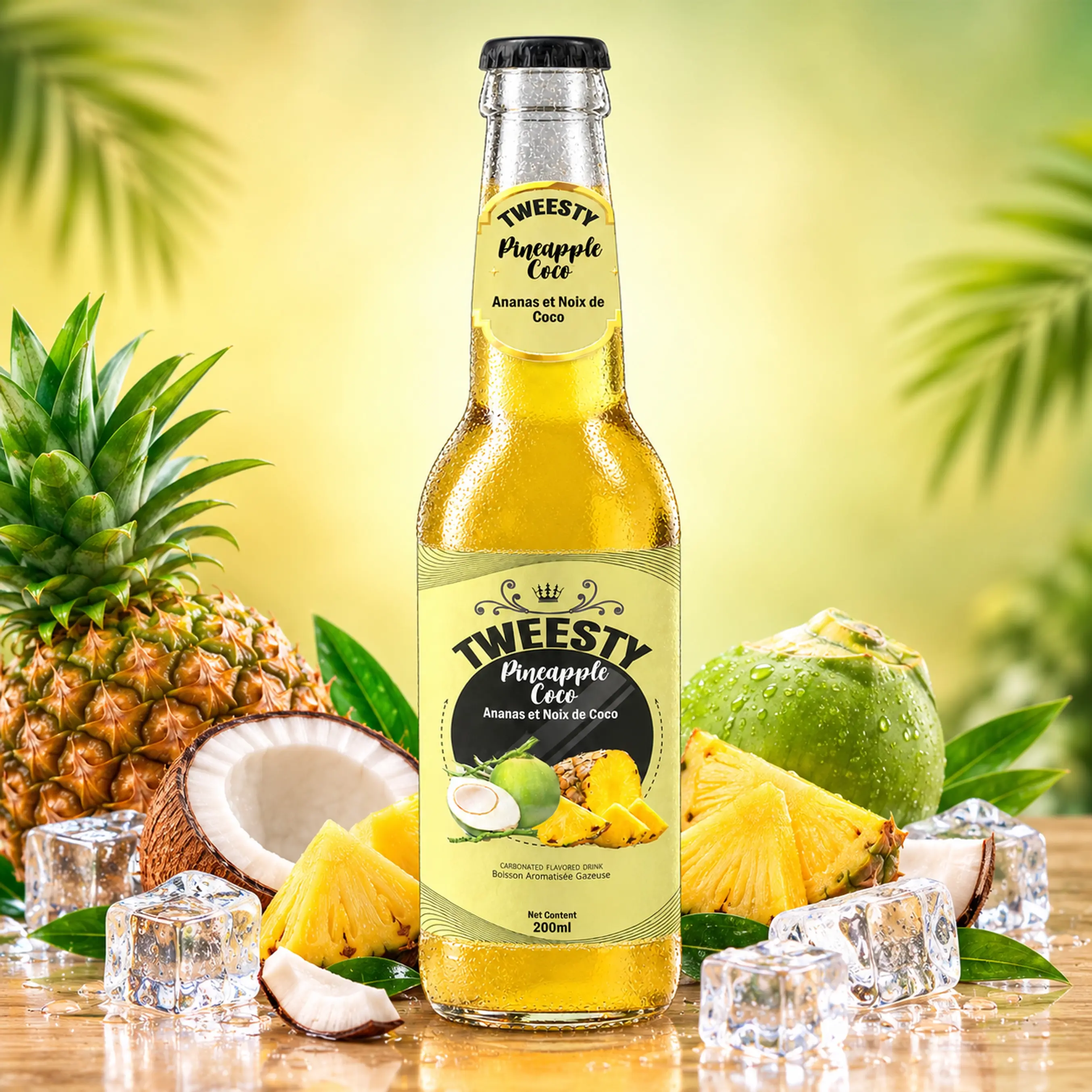 TWEESTY Pineapple Coco carbonated flavoured drink 200ml glass bottle with pineapple, coconut and ice